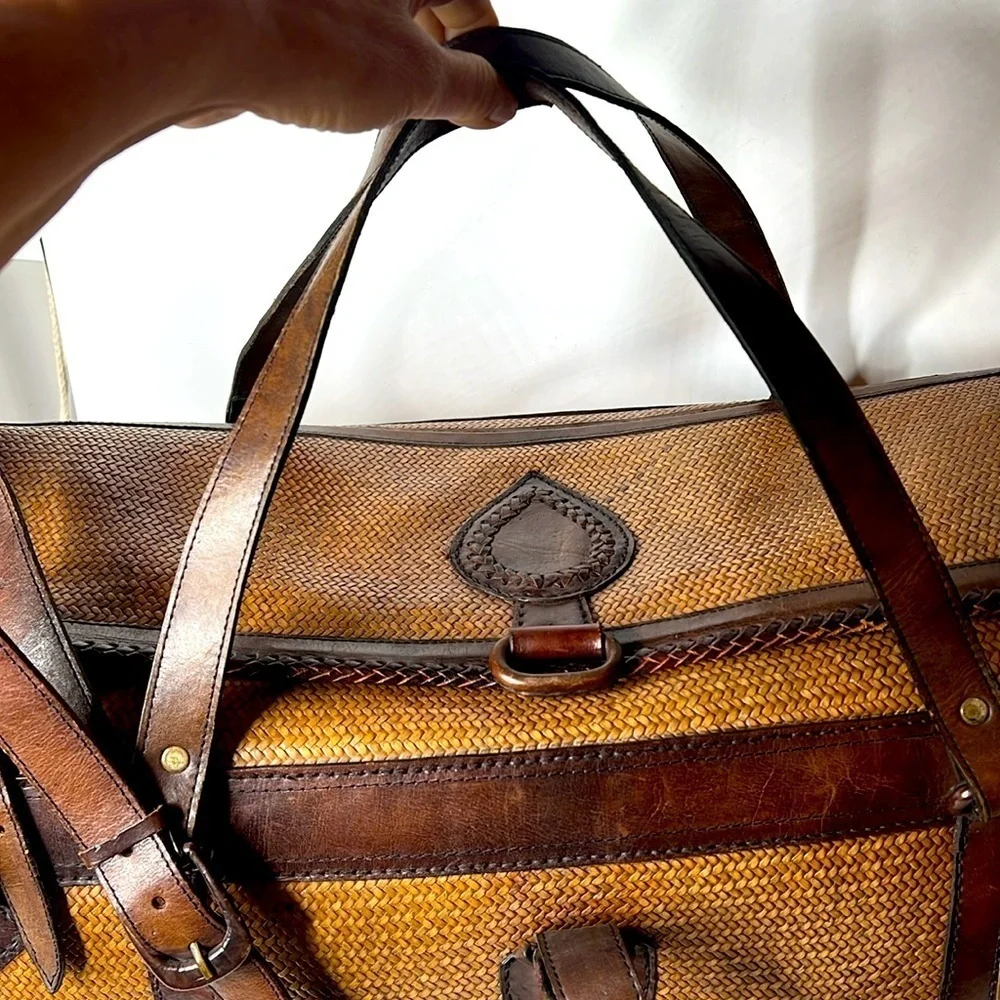 Leather Tightly Woven Wicker Extra Large Double Handle Shoulder Strap Travel Bag